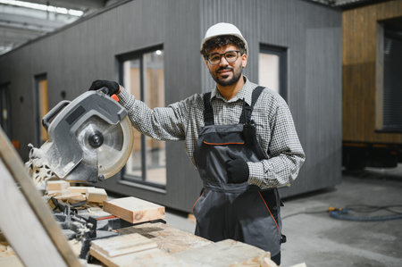 Skilled carpenter giving thumbs up while operating a circular saw, showcasing expertise and...