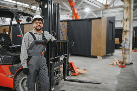 Arab forklift operator in overalls and hardhat poses leaning against his forklift in a modular house...