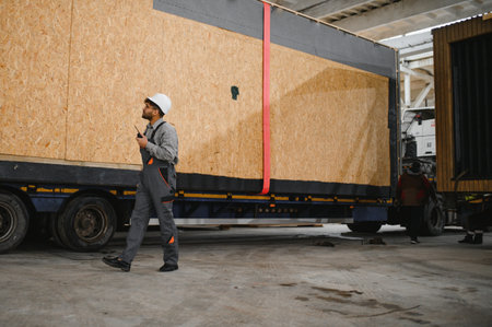 Construction worker using walkie talkie, managing transportation of prefabricated modular house...
