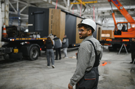 Arab engineer wearing a hardhat oversees the production of modular houses in a bustling construction...