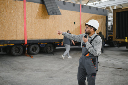 Arab engineer pointing and using walkie talkie, coordinating modular house transport in a...