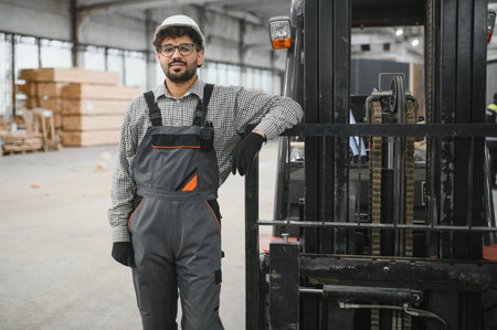 Confident arab warehouse worker in overalls and hardhat leaning on a forklift in a factory or large warehouseの写真素材