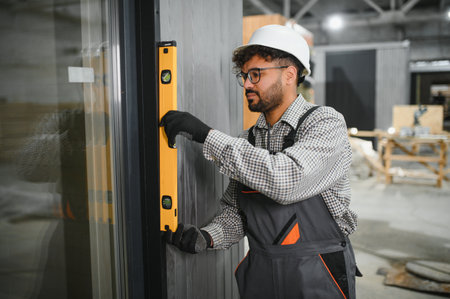 Arab construction worker using a spirit level while installing a modular house door in a...