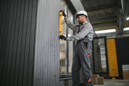 Arab construction worker checking vertical alignment of prefabricated modular house wall using...