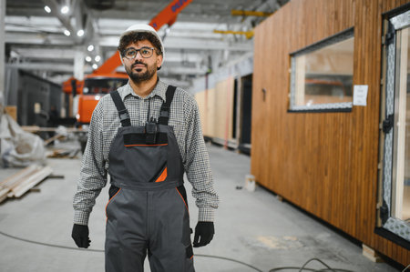 Arab construction worker wearing safety helmet and overall, holding walkie talkie, supervising...