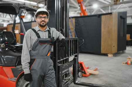 Arab engineer wearing hardhat and overalls leaning on forklift in a modular house production factoryの写真素材