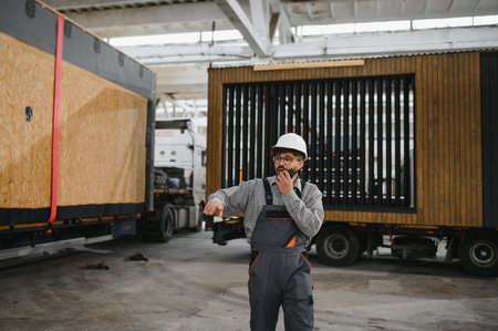 Arab engineer wearing safety helmet and uniform managing prefabricated modular house production...
