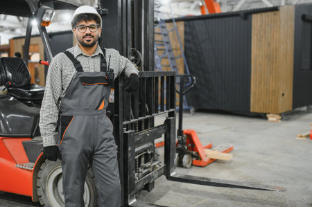 Confident arab construction worker in overalls and hardhat leaning on a forklift in a modular house production facilityの写真素材