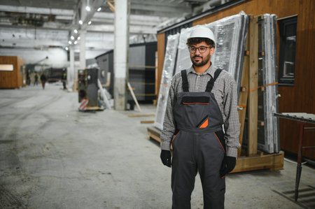 Arab construction worker wearing overalls and a hardhat stands confidently in a workshop, overseeing...