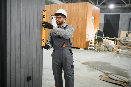 Focused construction worker checking vertical alignment of prefabricated house panel using spirit...