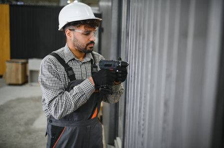 Focused construction worker using cordless drill assembling modular house in prefabricated house...