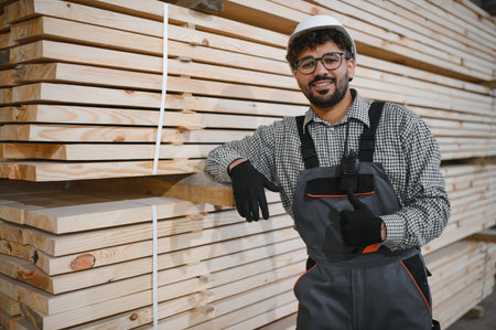 Confident arab carpenter wearing safety helmet showing thumbs up gesture while leaning on stacked...