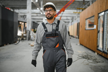 Arab construction worker walking through a modular house production workshop, communicating via...
