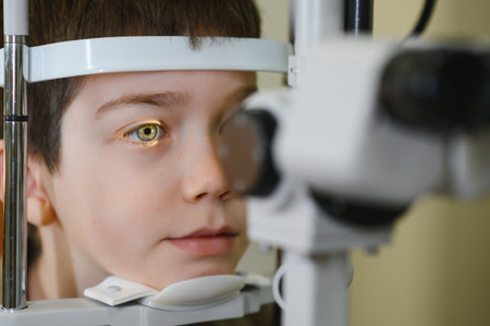 Young boy having his eyesight checked by an ophthalmologist using a phoropter in a modern eye clinic
