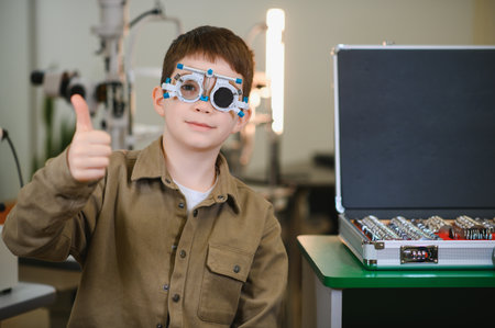 Child wearing a trial frame, giving a thumbs up while undergoing an eye examination in an...