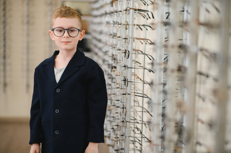 Boy wearing eyeglasses standing next to a display of eyeglass frames in an optical store, choosing new glassesの写真素材