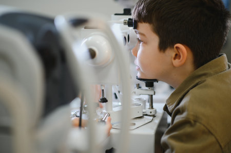 Child engaging with a phoropter during an eye exam in an ophthalmologist's office, focusing on...