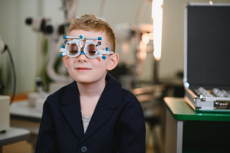 Child patient wearing a trial frame, undergoing an eye examination in an ophthalmologist's office,...