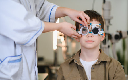 Ophthalmologist adjusts a phoropter on a boy's face during a vision test in a medical clinic,...