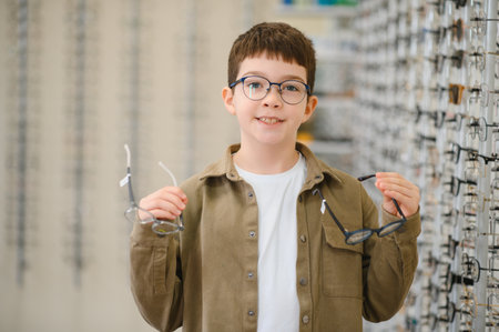 Smiling boy wearing eyeglasses is holding two pairs of frames, choosing new glasses in optical...