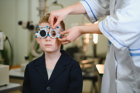 Ophthalmologist examining the eyesight of a young boy with a trial frame in a medical clinic, ensuring accurate vision diagnosticsの写真素材