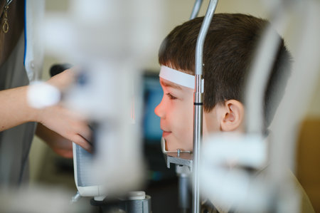 Young boy participating in vision testing with a phoropter, guided by an ophthalmologist in a...