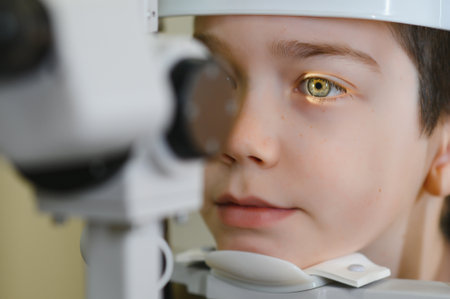 Close-up of a boy undergoing a vision check using a modern ophthalmologic device, highlighting the importance of early eye care in childrenの写真素材