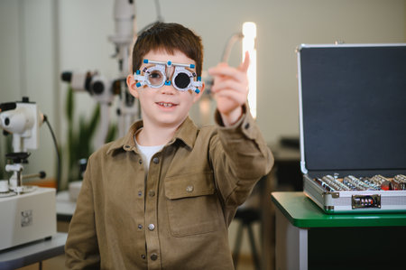 Young boy wearing trial frame pointing with finger during vision testing in ophthalmologist's office