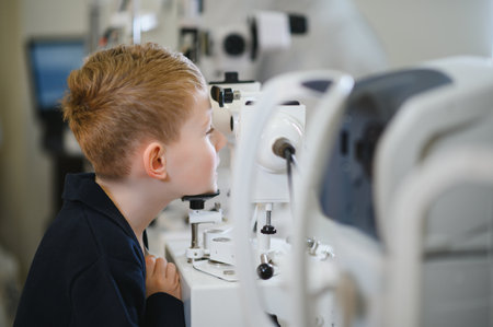 Child using medical equipment during an ophthalmic examination in a modern clinic, receiving...