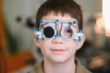 Young boy wearing a trial frame, undergoing an eyesight examination at an ophthalmologist's office,...