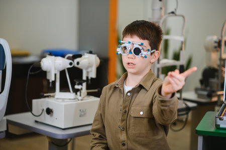 Young boy pointing with finger during vision testing using a trial frame in an ophthalmology clinic,...
