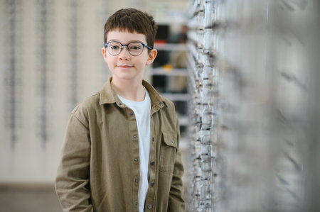 Boy smiling and wearing new eyeglasses while choosing frames in an optical store, enjoying improved vision and healthcareの写真素材