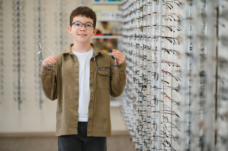 Smiling boy holding two eyeglasses frames, choosing glasses in optical store, ophthalmologist...