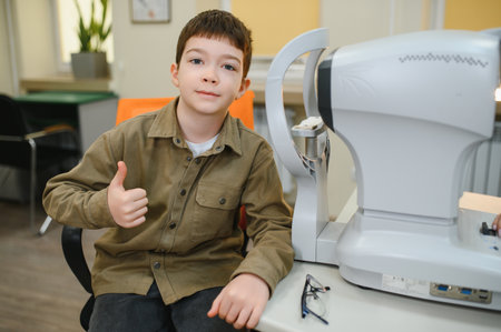 Young boy giving thumbs up during an eye examination with modern equipment at an ophthalmology...