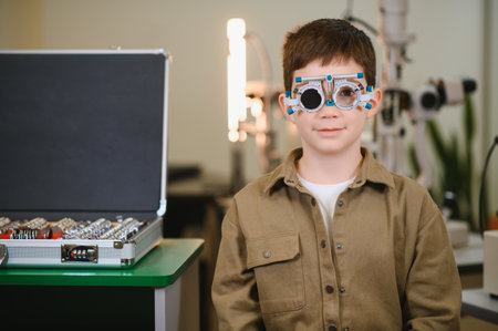 Young boy wearing a trial frame, undergoing an eye examination at an ophthalmologist's clinic,...