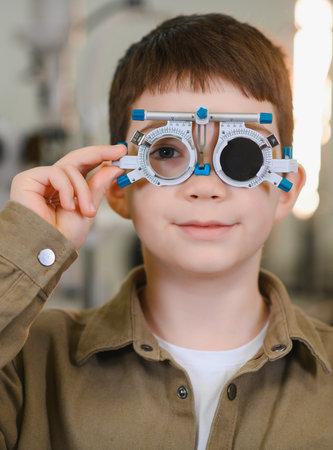 Young boy having his eyesight checked by an ophthalmologist using a trial frame during a vision test in an ophthalmology clinicの写真素材