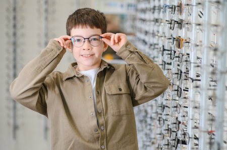 Boy adjusting his new eyeglasses at the optical store, smiling and looking satisfied with his choice