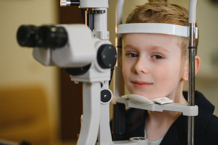 Child patient undergoing an eye examination using a phoropter in a modern ophthalmology clinic,...