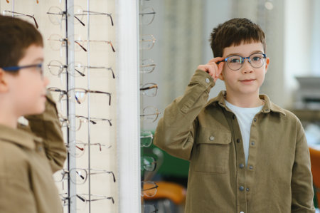 Boy trying new eyeglasses in front of a mirror in ophthalmology clinic during vision treatment...