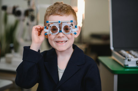 Smiling boy wearing a trial frame, undergoing an eye examination in the ophthalmologist's office,...
