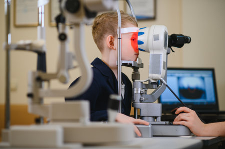 Ophthalmologist examining a young boy's eyesight using specialized medical equipment in a clinic...