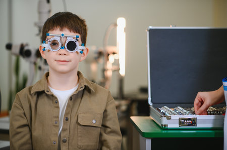 Ophthalmologist examining eyesight of little boy with trial frame during consultation in clinic