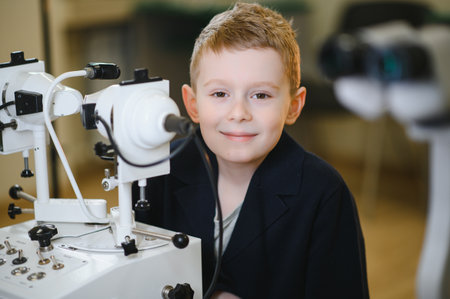 Young boy smiling during a vision check-up using advanced diagnostic equipment in a modern...