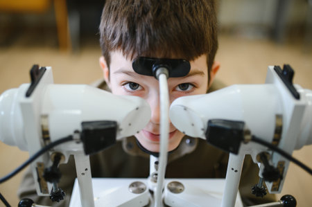 Child patient having his eyesight checked using a synoptophore, a device for vision diagnostics and...