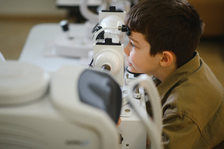 Child patient using a phoropter during an eye exam at an ophthalmology clinic, checking visual acuity and undergoing vision diagnosticsの写真素材