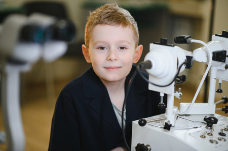 Young boy undergoing a vision check with modern ophthalmological equipment, assisted by a...