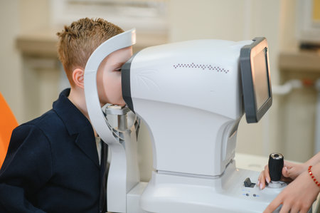 Young boy having his vision checked using autorefractor in modern ophthalmology clinic, innovative...