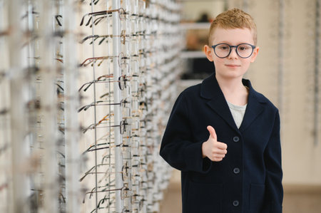 Child giving thumbs up after choosing eyeglasses in optics store, satisfied with new spectacles