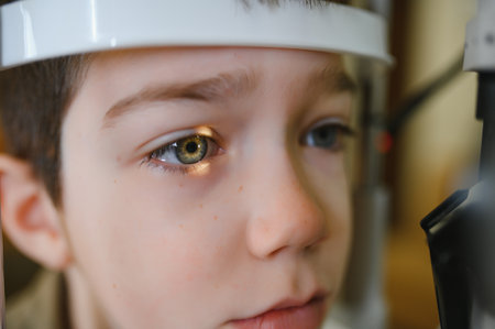 Boy undergoing vision diagnostics with specialized equipment in an ophthalmology clinic, highlighting the importance of eye health in childrenの写真素材