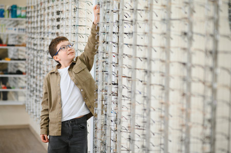 Boy wearing glasses reaching for a new pair of eyeglasses in an optical store, exploring vision...
